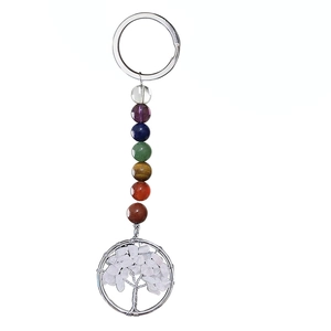 Detailed view of handmade Tree of Life keychain with colorful Chakra beads and white stones