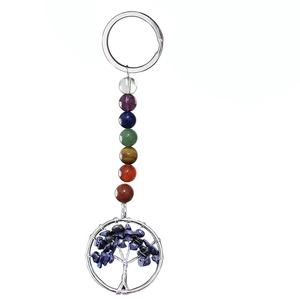 Detailed view of Tree of Life keychain with seven chakra beads and blue sandstone crystals