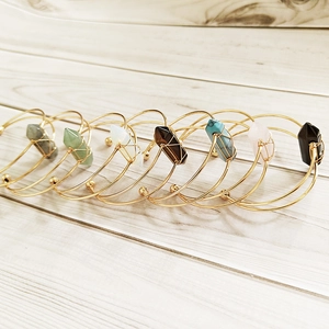 Natural Stone Hexagonal Column Hand Wrapped Cuff Bracelet Alloy Gold Plated Amethyst Rose Quartz Bohemian Women Jewelry