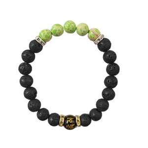 Elastic volcanic lava stone bracelet with green imperial beads and golden engraved mantra
