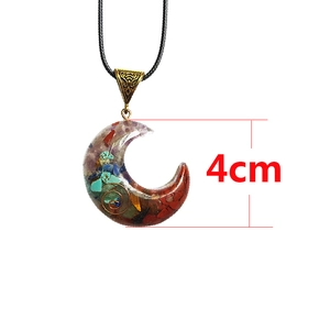 Chakra resin crescent moon pendant necklace with colorful natural crushed stones and copper spiral