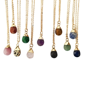 Natural Stone Teardrop Pendant Necklace Multicolor Faceted Crystal Amethyst Rose Quartz Alloy Gold Plated Chain Women Jewelry Gift