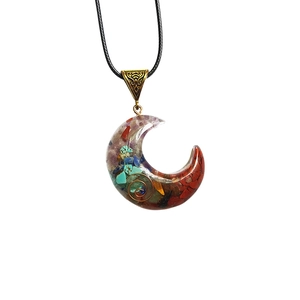 Crescent moon resin pendant necklace with colorful natural crushed crystal stones