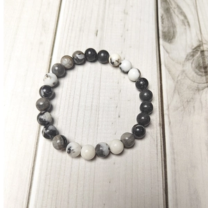 8mm natural stone elastic beaded bracelet featuring black, white, and grey marbled texture