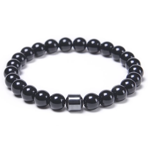 Minimalist 8mm black obsidian and hematite beaded bracelet with high polished finish