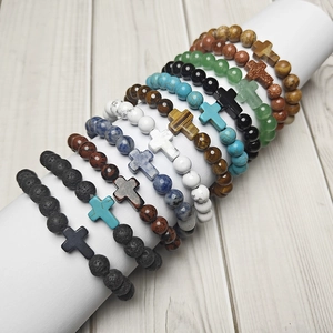 Fashion Natural Stone Cross Charm Bead Bracelet For Men Women Volcano Lava Tiger Eye Agate Prayer Yoga Healing Jewelry