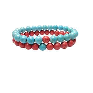 Lot de 2 bracelets en perles turquoise 8mm vintage aux textures marbrées bleues et rouges