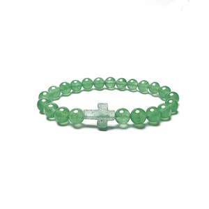 Fashionable green natural stone beaded bracelet with a cross charm for spiritual jewelry