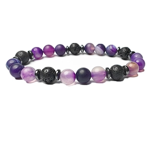 Pulsera de cuentas de ágata púrpura natural y piedra de lava negra con espaciadores