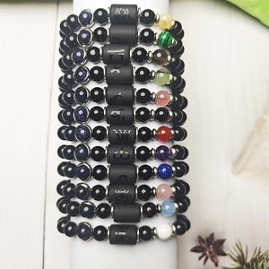 Set di 12 bracciali dello zodiaco con perline di ossidiana nera e pietra di sabbia blu