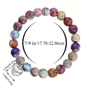 Pulsera de cuentas de piedra imperial de colores con colgante de corazón plateado