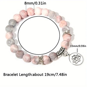 Perlenarmband aus rosa Zebra-Jaspis mit Silberlotus-Anhänger und 8mm Steinen