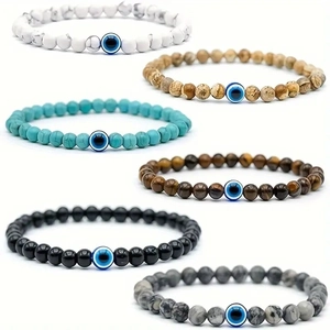 Natuursteen Boze Oog Kralen Armband Voor Heren Dames Obsidiaan Tijgeroog Turkoois Hematiet Bescherming Elastische Armband Etnische Sieraden