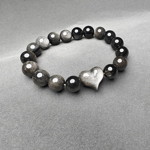 Bracelet Perlé en Obsidienne Argentée Vintage pour Hommes Femmes Cristal Artificiel Perles Rondes Bracelet de Couple Cadeau Saint Valentin