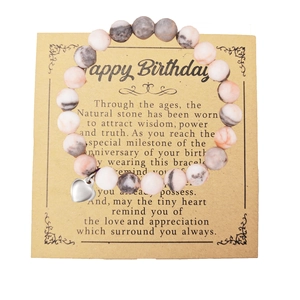Pulsera de cuentas de piedra imperial con dije de corazón y tarjeta de cumpleaños