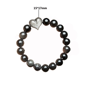 Bracelet en perles d'obsidienne argentée avec pendentif cœur 15x17mm unisexe