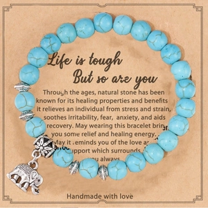 Pink zebra stone bead bracelet with elephant charm and greeting card for friendship gift