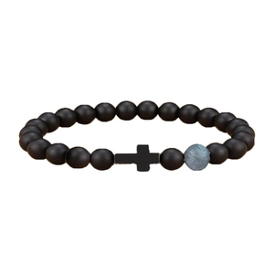 Men's Matte Black Beaded Bracelet With Cross Pendant And Moonstone Style Bead Elastic Minimalist Religious Jewelry