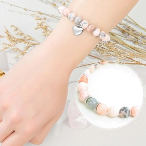 Pulsera de jaspe cebra rosa y piedra lunar con dije de corazón de plata para mujer
