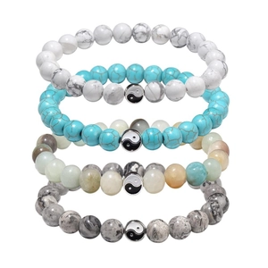 Ensemble de bracelets perles Yin Yang en turquoise blanche et pierre noire mate