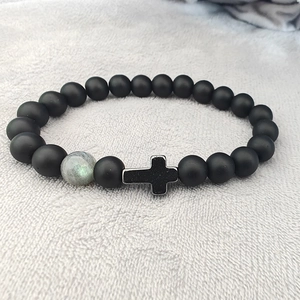 Matte black obsidian beaded bracelet with labradorite stone and black cross pendant