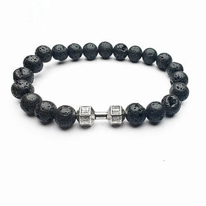 Black lava rock dumbbell bracelet for fitness with silver live lift metal beads