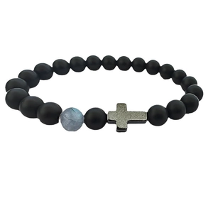 Matte black beaded bracelet with moonstone accent and brushed metal cross pendant