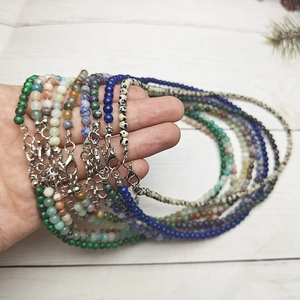 Handheld 4mm colorful tourmaline beaded necklaces with adjustable silver lobster clasp