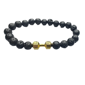 Lava rock stone beads bracelet with golden dumbbell charm featuring Live Lift engraving