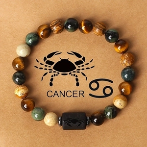 Detail of beaded zodiac bracelet for Cancer with tiger eye stones on themed display card