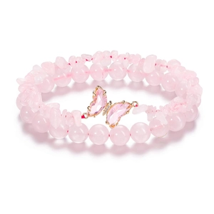 Conjunto de dos pulseras de cristal rosa con mariposa y cuentas de piedra natural