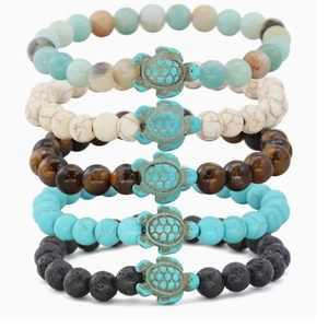 5-piece beaded turtle bracelet set with lava rock, white turquoise, and tiger eye stones