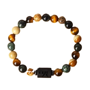 Natural tiger eye and map stone beaded bracelet featuring a black Libra zodiac charm bead