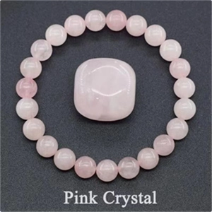 Detailed view of an 8mm pink crystal beaded stretch bracelet with a polished square stone
