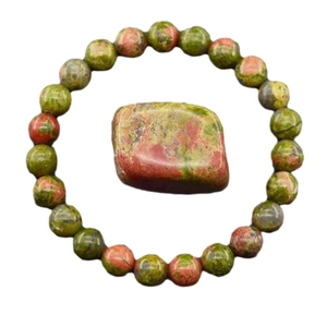 8mm Unakite natural crystal beaded stretch bracelet with matching raw stone specimen