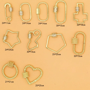 Detailed view of gold geometric screw clasps in oval and heart shapes for DIY jewelry