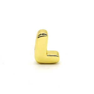 Close-up of polished gold-plated letter L bead with reflective mirror finish and side holes