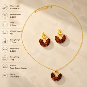 Macro view of geometric resin jewelry set with gold-plated base and amber resin details