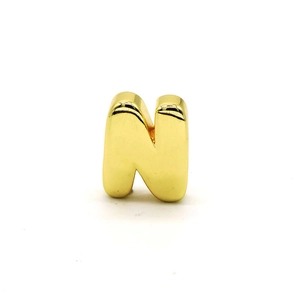 Polished golden 3D bubble letter N pendant with high gloss finish on white background