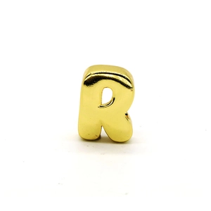 Polished golden letter R charm bead for bracelet with shiny metallic finish and smooth surface