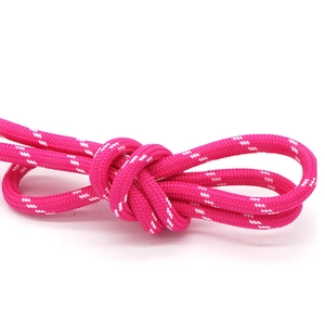 Detail of pink woven rope with white stripes showcasing fiber texture and knot flexibility