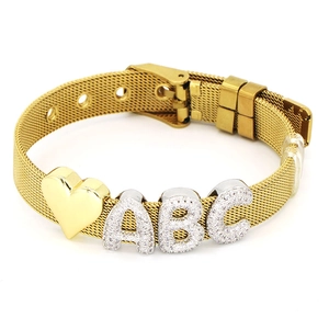 Gold mesh watch-band bracelet featuring a golden heart and sparkling A B C letter charms
