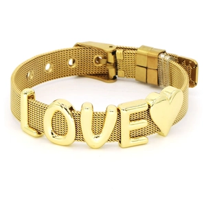 Golden mesh band bracelet featuring LOVE letters and heart charm with adjustable buckle