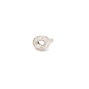 Macro shot of micro-paved cubic zirconia alphabet Q pendant in white gold finish