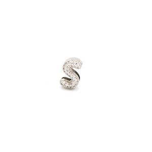 Close-up of letter S charm featuring pave-set sparkling zircon stones on silver base