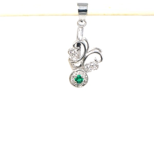 Detail of 925 sterling silver flower pendant clasp with green gemstone and zircons