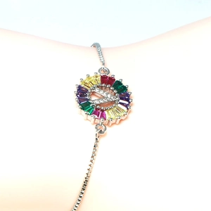 Adjustable silver bracelet with rainbow zircon pendant featuring a diamond-set letter A