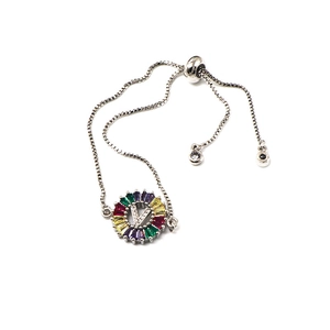 Silver adjustable bracelet with letter V pendant and multi-color zircon stones