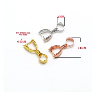 Detailed size chart of 14x6.5mm pendant clips in silver, gold and rose gold metal