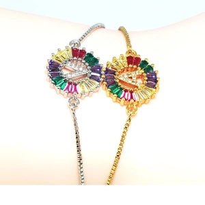 Copper Rainbow Alphabet Letter Adjustable Box Chain Bracelet For Women Shiny Rhinestone Round Pendant Fashion Jewelry